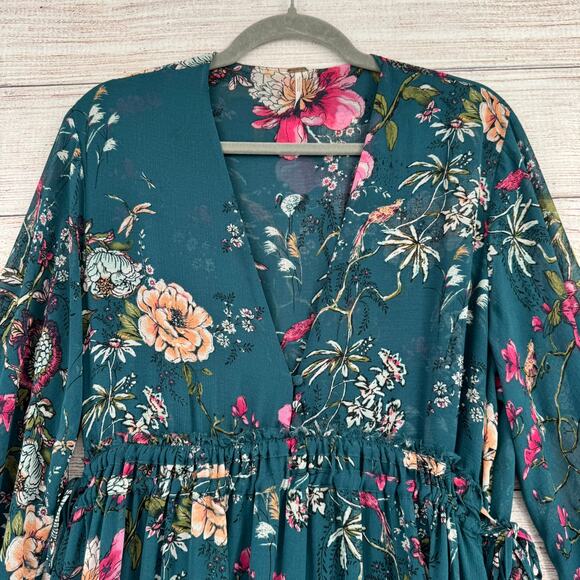 Free People Floral Rough Seam Semi Sheer Sleeve Mini Dress Womens Small Green - Picture 3 of 12